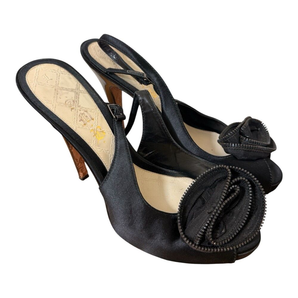 L.A.M.B. Sydney Womens Sz 10 Slingback Stiletto Heels Black Satin Shoe Flower